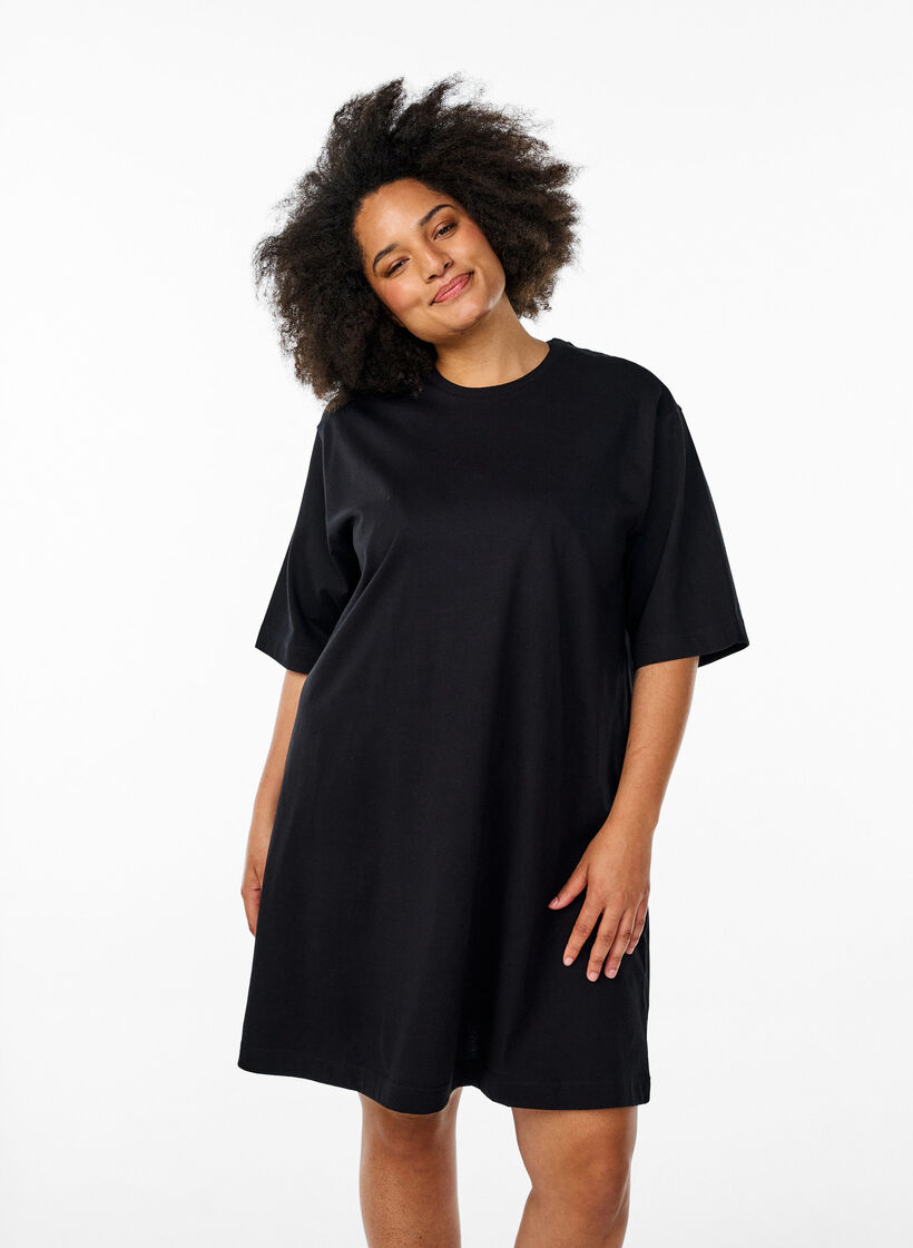 Robe t-shirt en coton jusqu'aux genoux, Noir, Model image number 0
