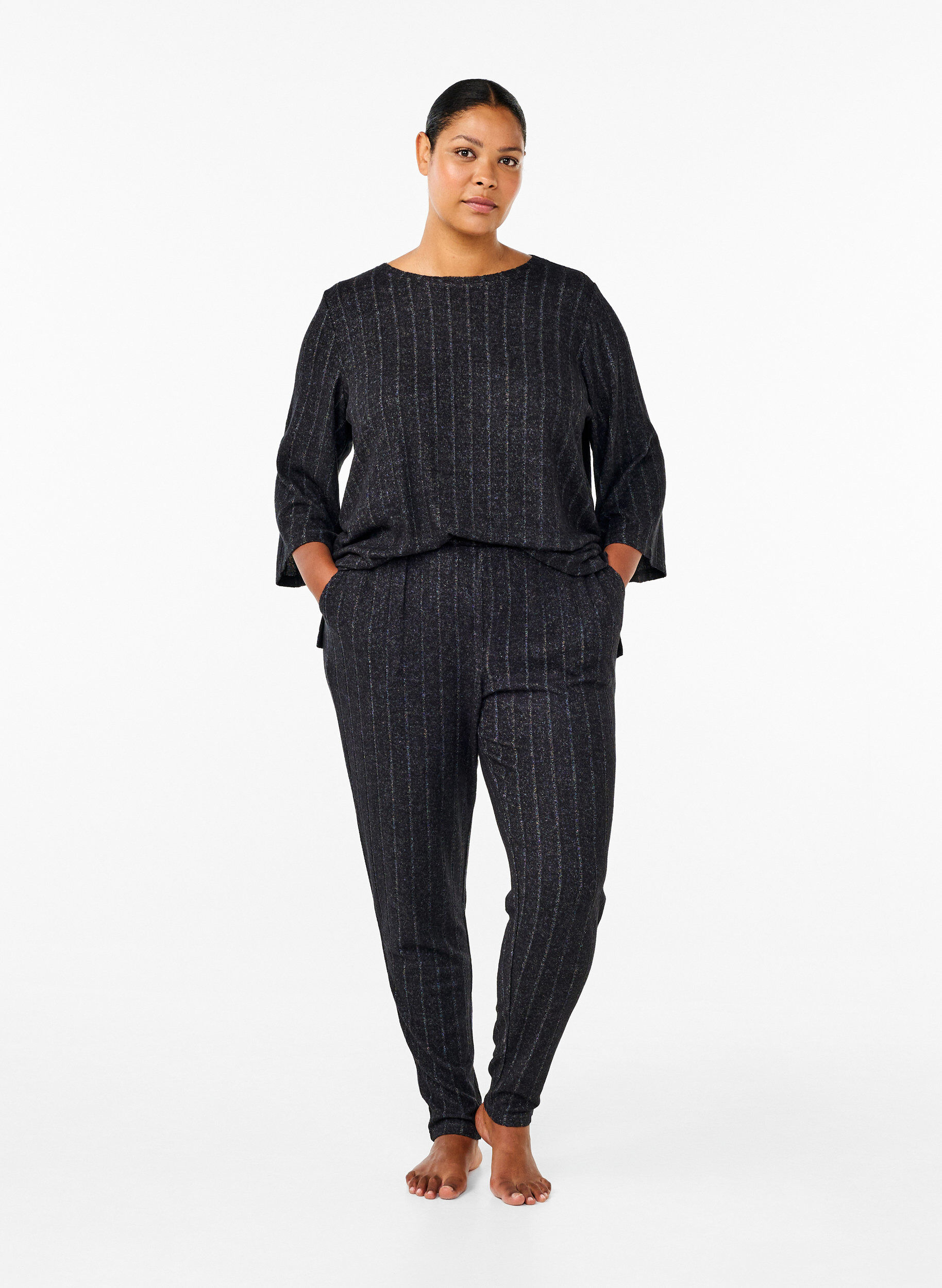 Zizzi Chemisier m&eacute;lange avec manches 3/4, Noir, Model image number 1