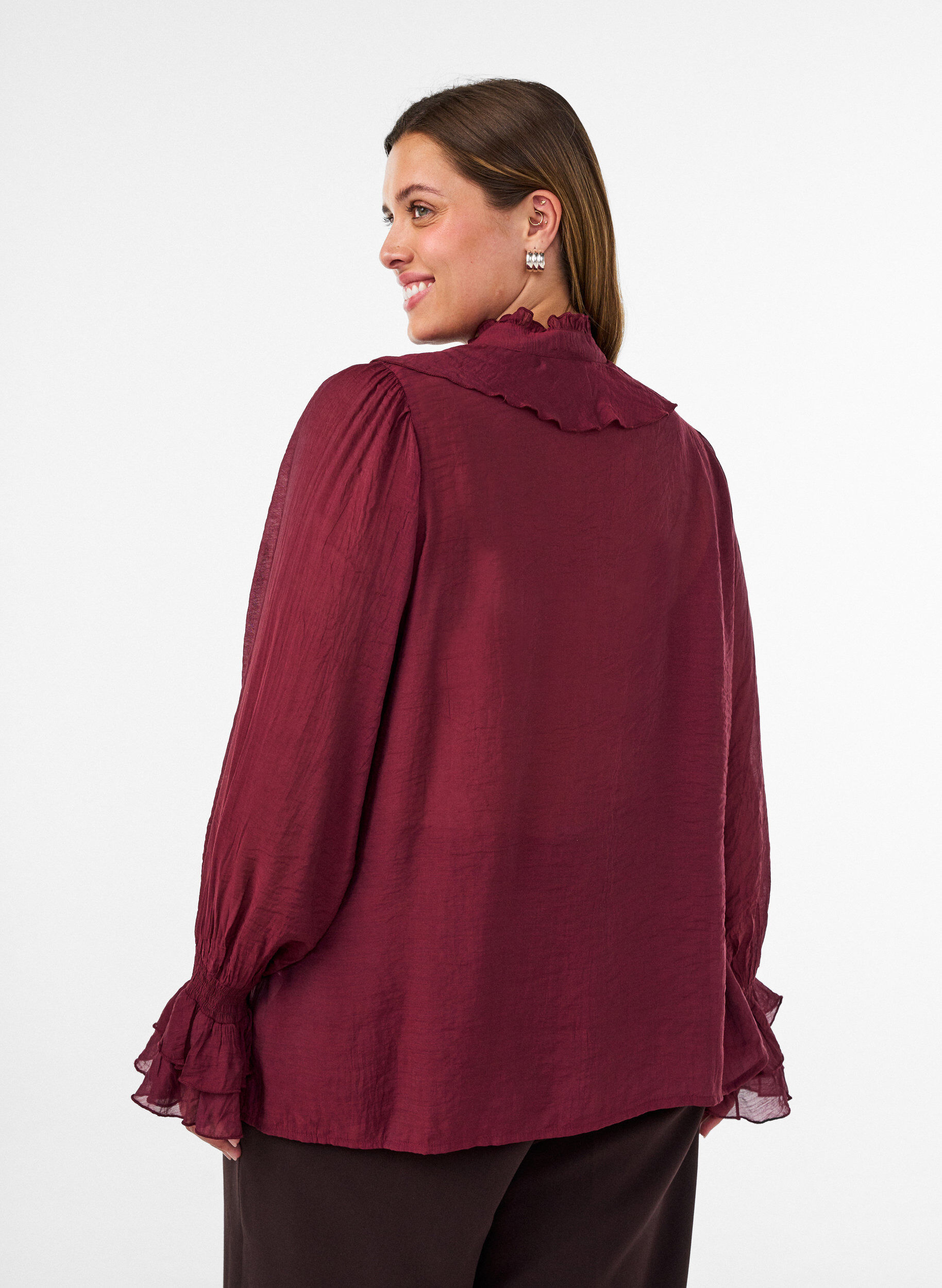 ZizziBlouse en viscose avec volants et manches longues, Bordeaux, Model image number 2