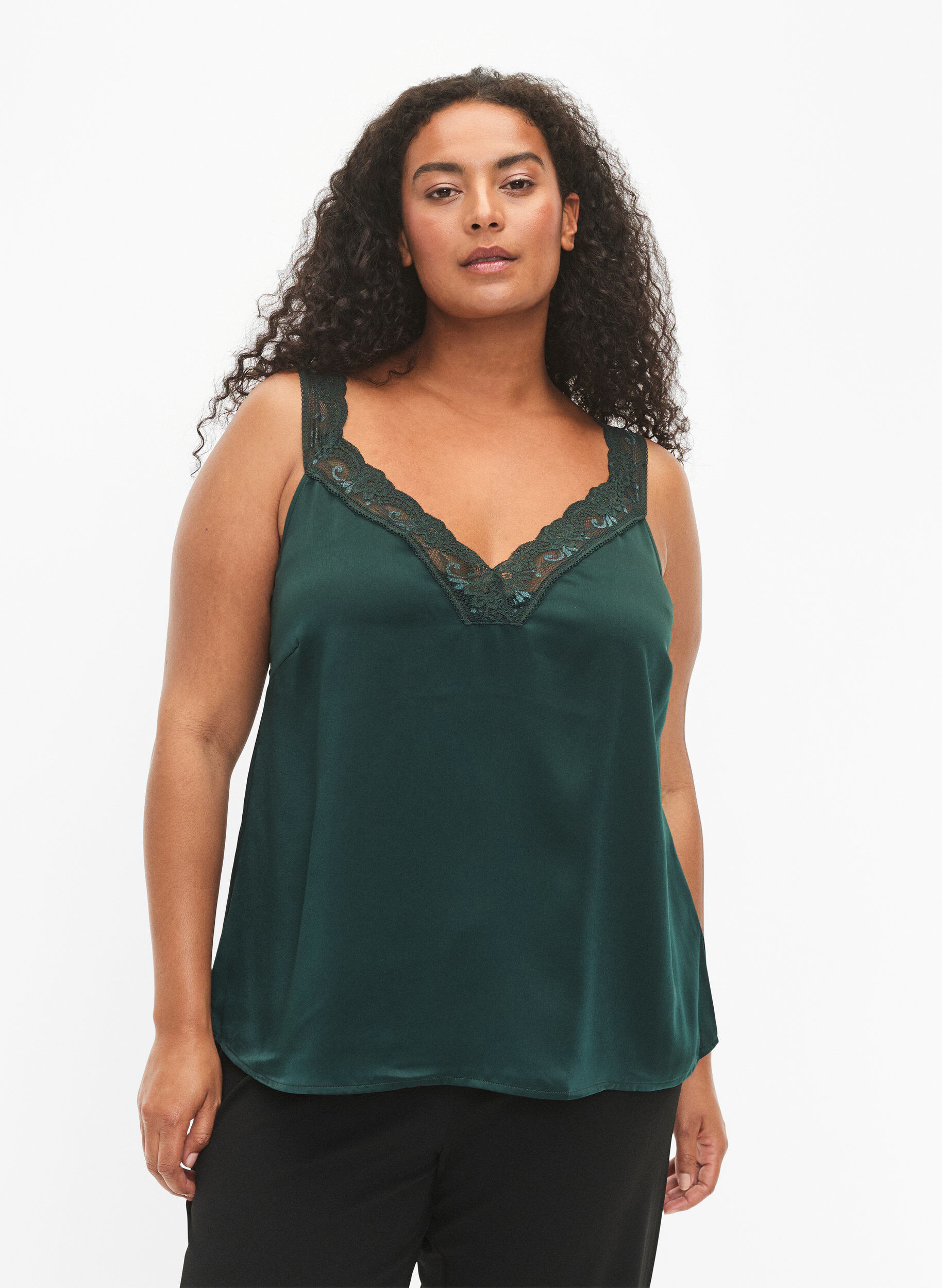 Zizzi FLASH - Top avec col en V et bord en dentelle, Scarab, Model image number 0