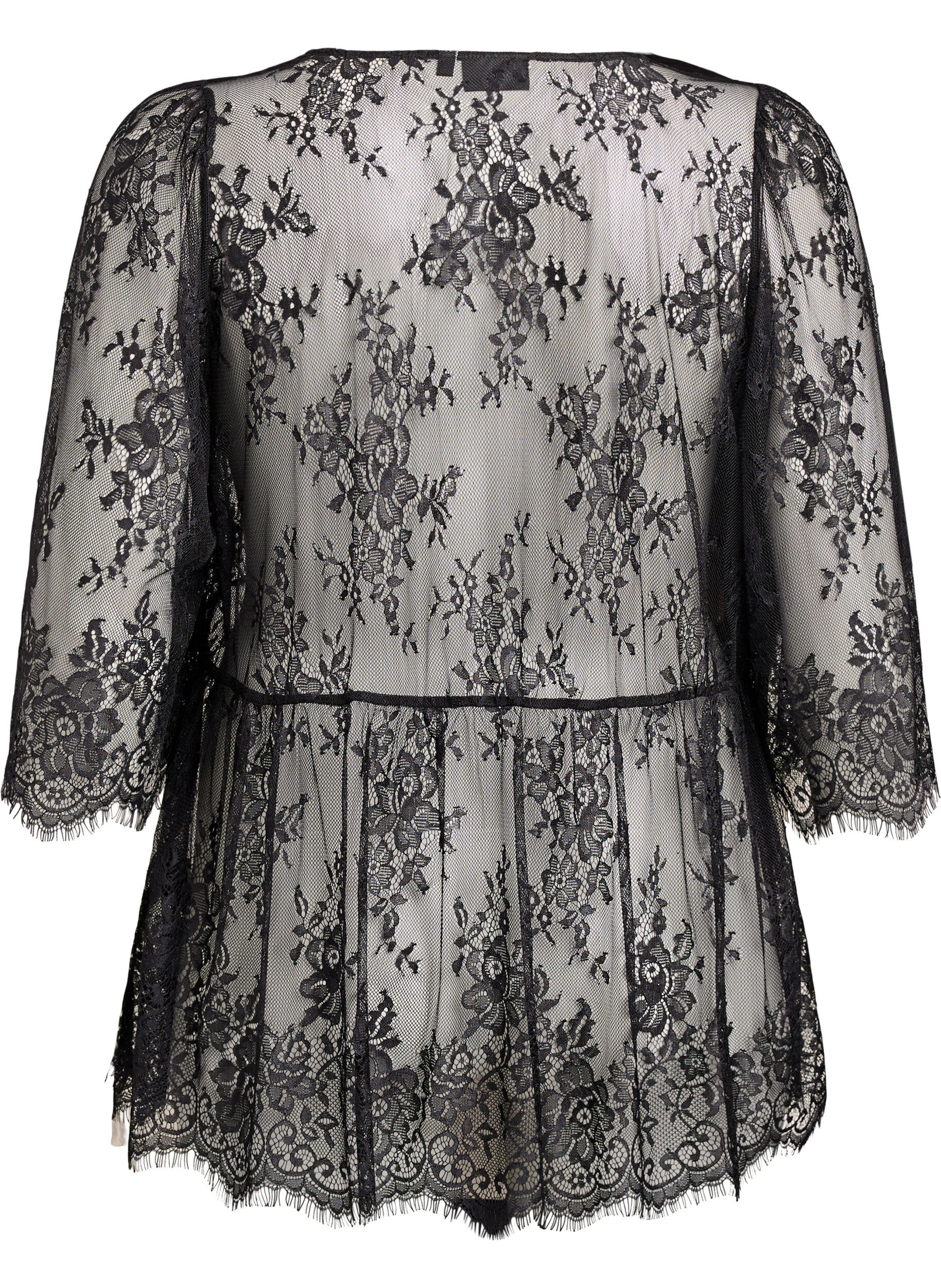 Zizzi Haut en dentelle avec lien &agrave; nouer et manches 3/4, Noir, Packshot image number 1