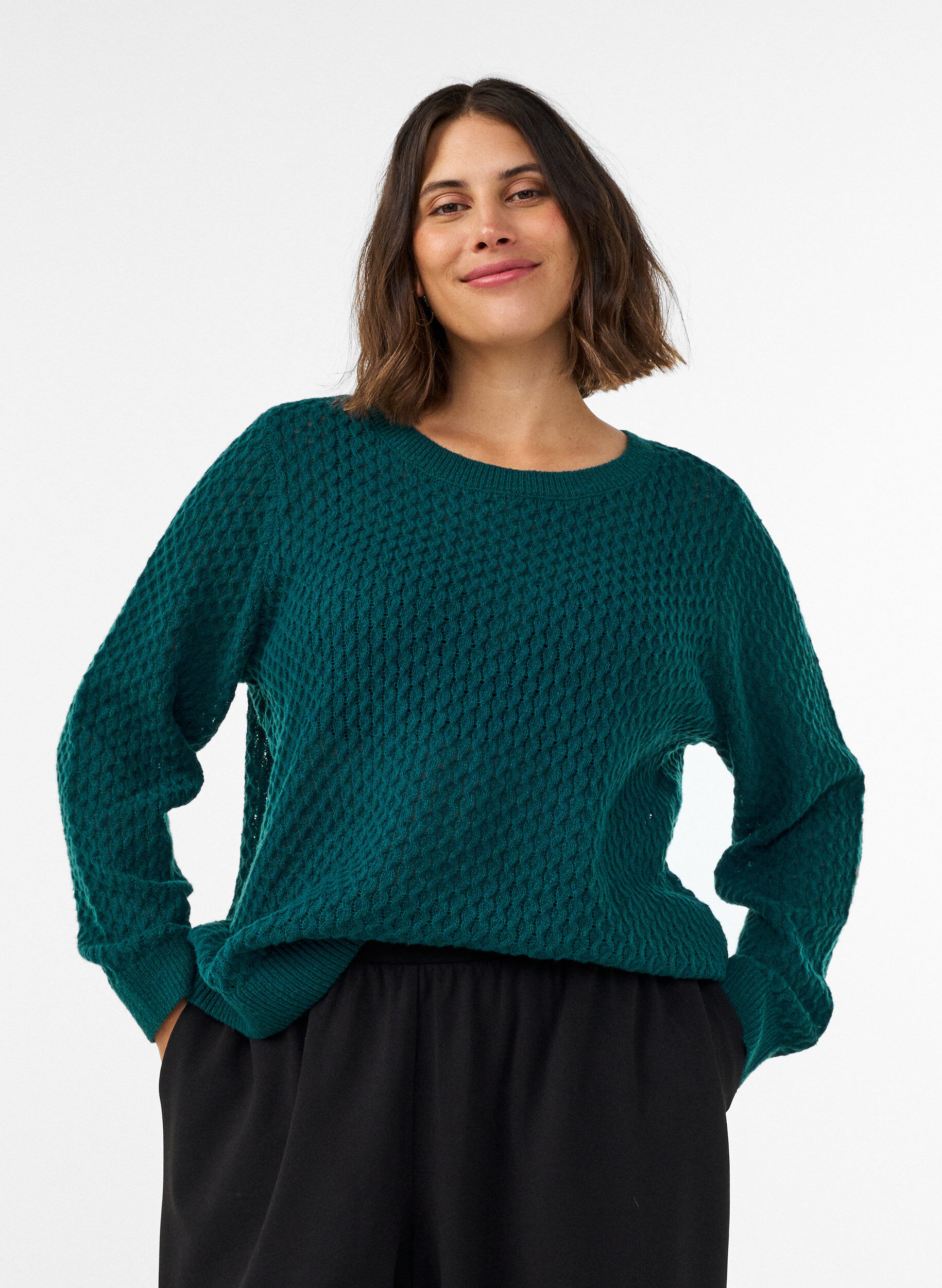 ZizziBlouse en maille avec motif ajour&eacute; textur&eacute;, Vert fonc&eacute;, Model image number 0