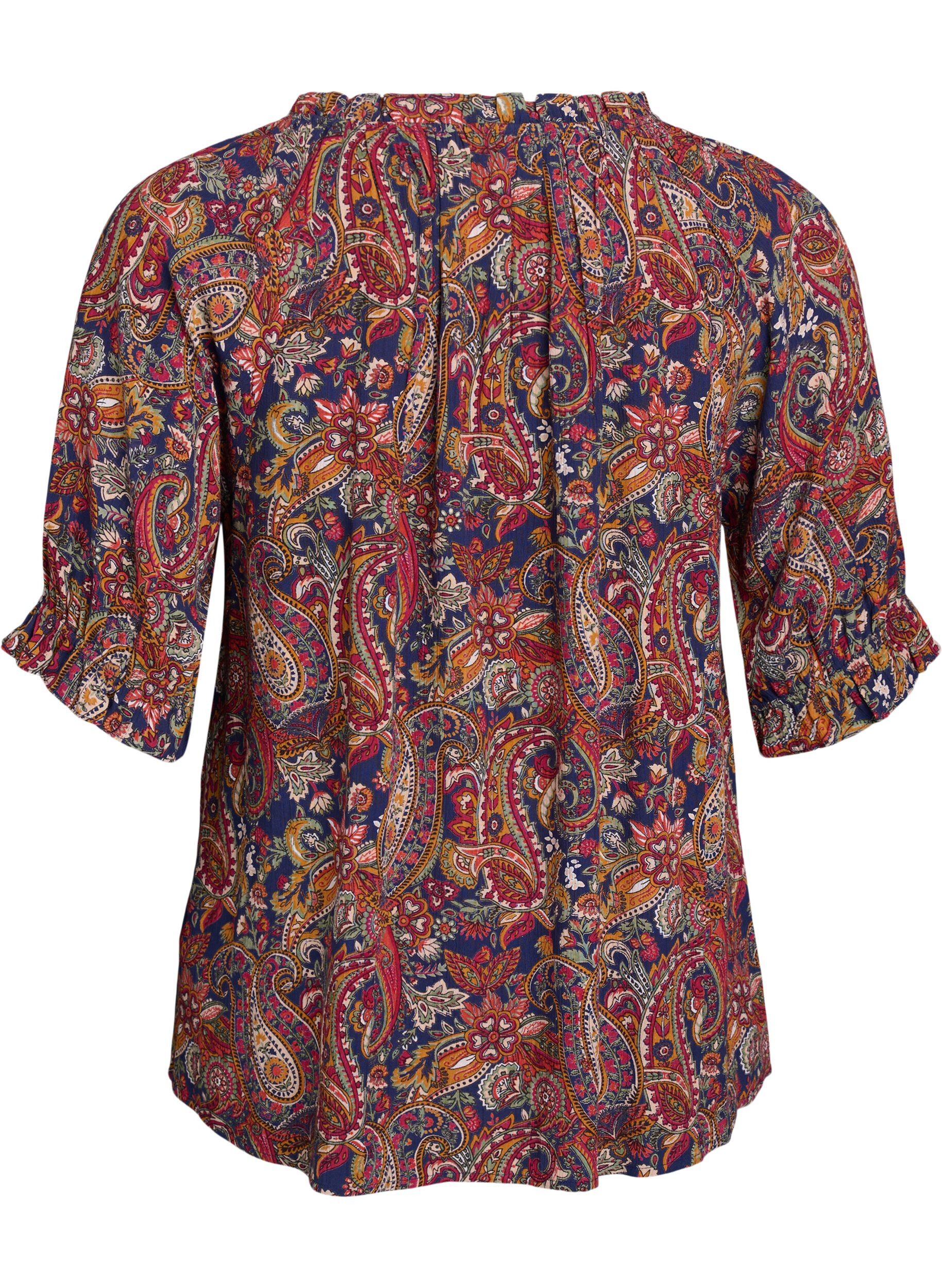 ZizziBlouse en viscose &agrave; imprim&eacute; paisley et manches coudes, Bleu, Packshot image number 1