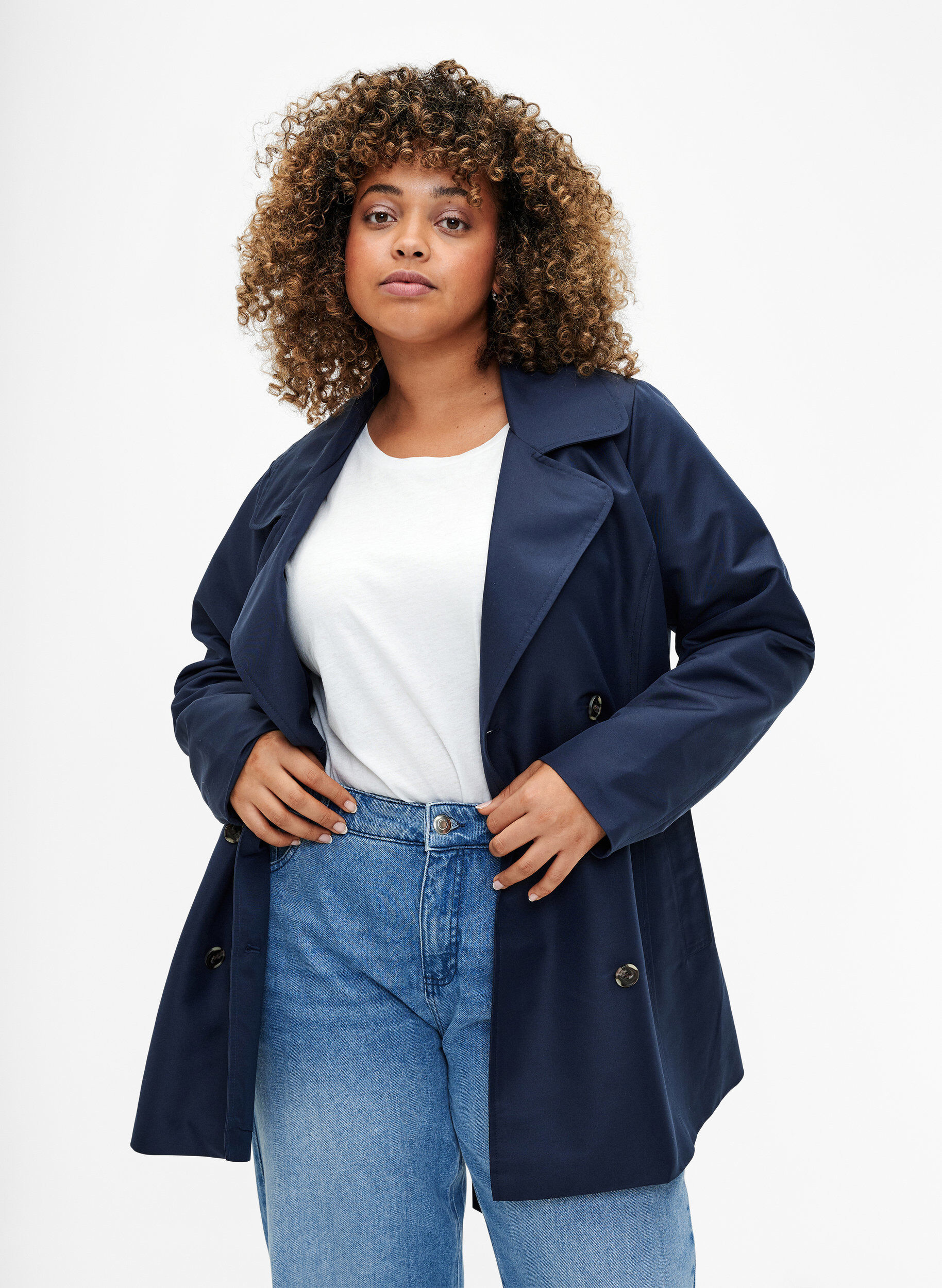 Zizzi Trench court avec ceinture, Bleu, Model image number 0