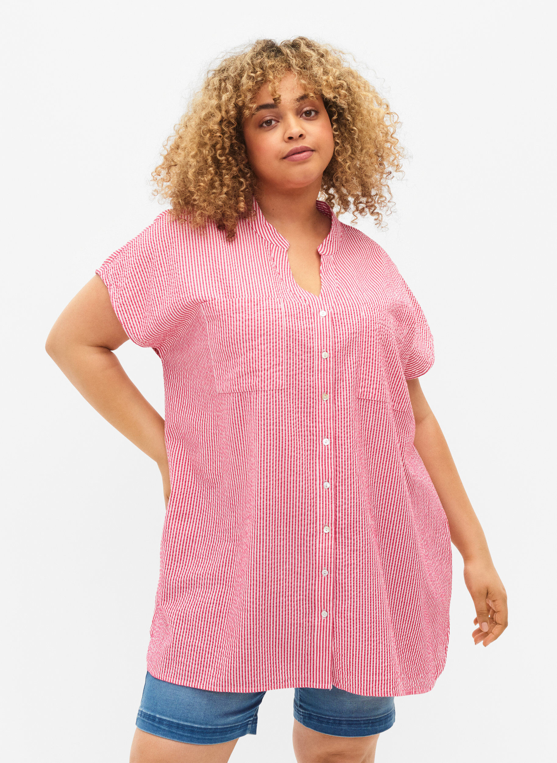 Zizzi Chemise &agrave; manches courtes en coton &agrave; rayures, Beetroot P. Stripe, Model image number 0