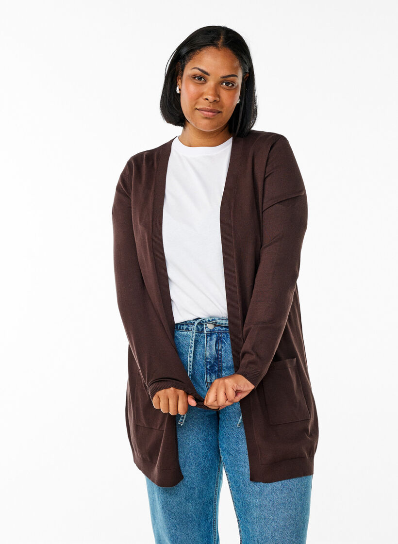 Long cardigan tricot&eacute; en m&eacute;lange de viscose, Marron, Model image number 0