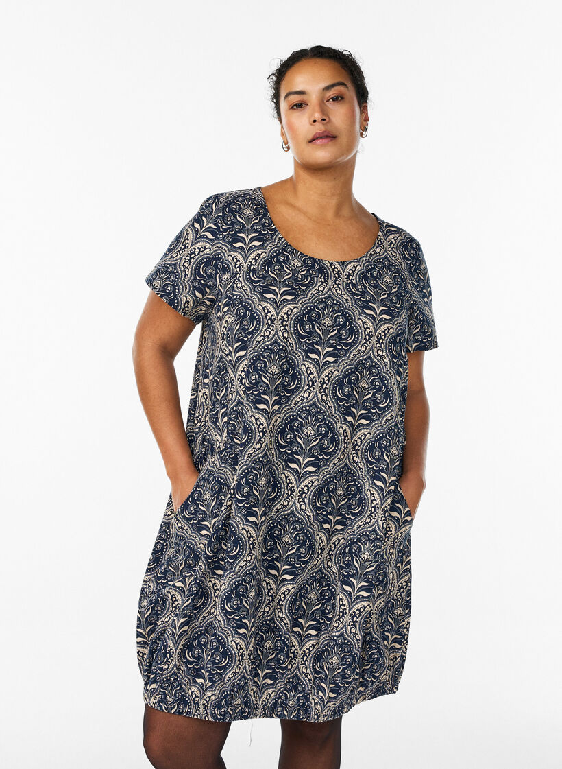 Robe en coton &agrave; manches courtes avec imprim&eacute;, Bleu, Model image number 0