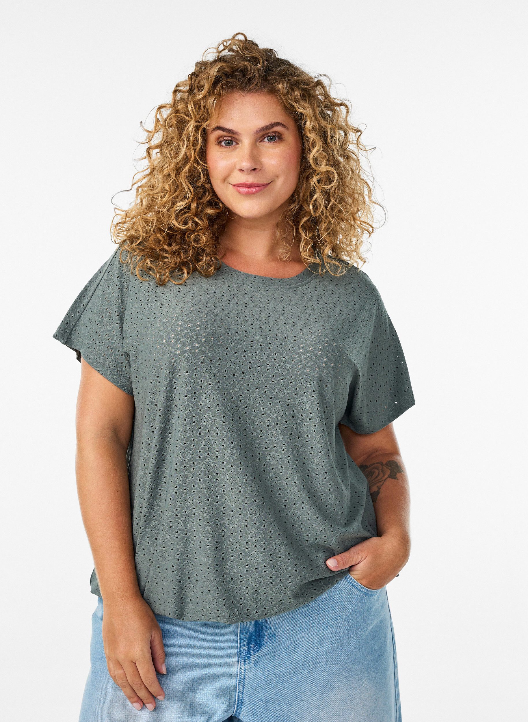 ZizziBlouse avec broderie ajour&eacute;e et effet ballon, Vert fonc&eacute;, Model image number 0