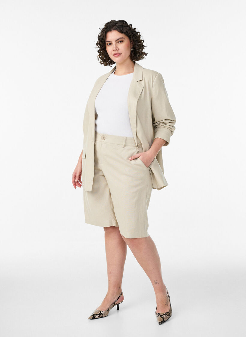 Blazer en lin et viscose avec revers et poches, Beige, Model image number 1