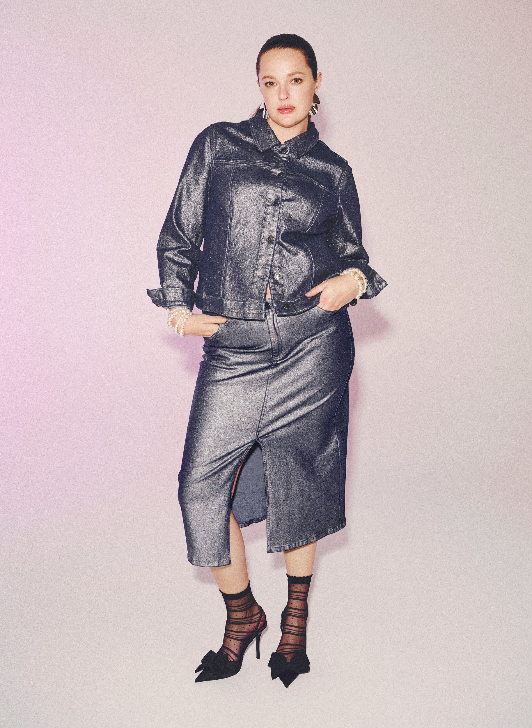 Zizzi Jupe midi avec rev&ecirc;tement argent&eacute;, Gun Sliver, Image image number 0