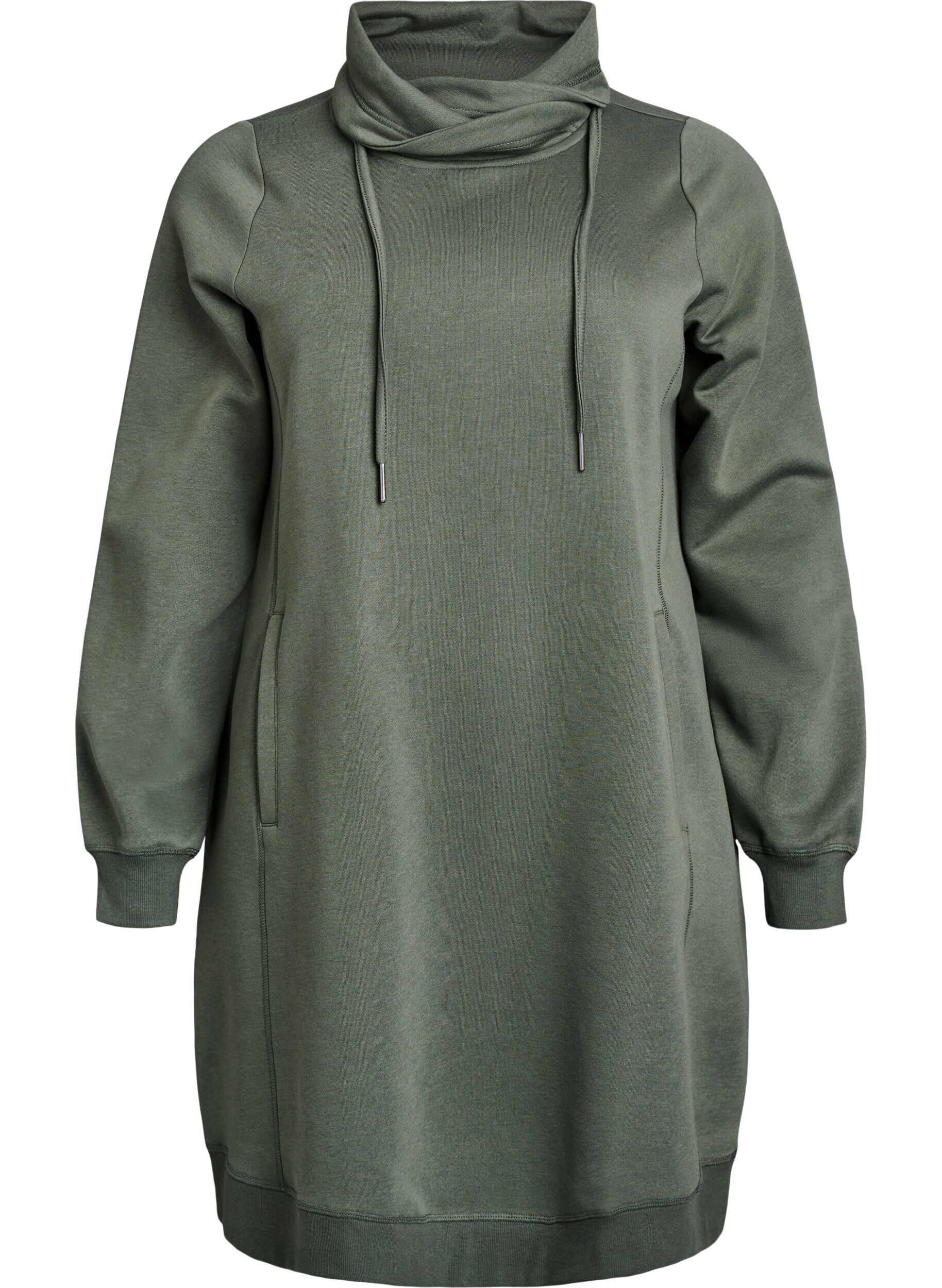 Zizzi Robe sweat-shirt courte &agrave; col montant et poches, Vert, Packshot image number 0
