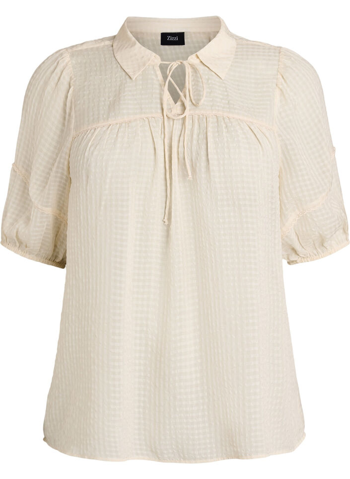 Blouse en seersucker avec lien &agrave; nouer, Beige, Packshot image number 0