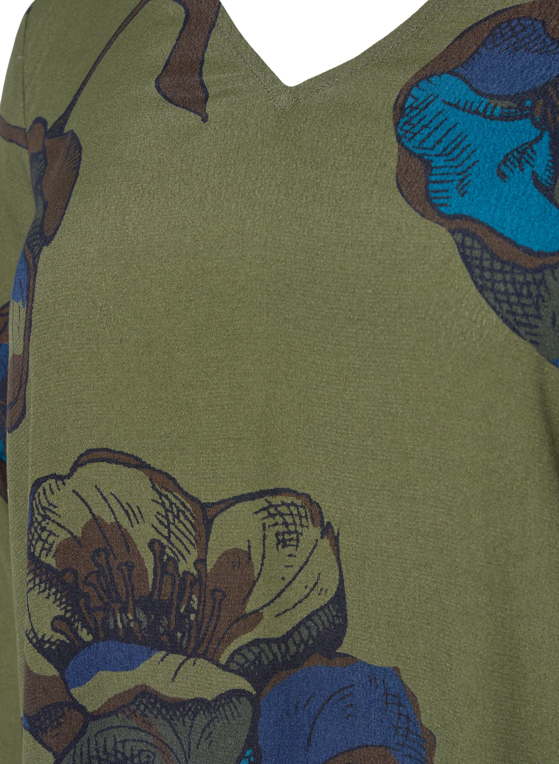 Zizzi Blouse &agrave; manches longues en viscose avec imprim&eacute; floral	, Green Big Flower, Packshot image number 2
