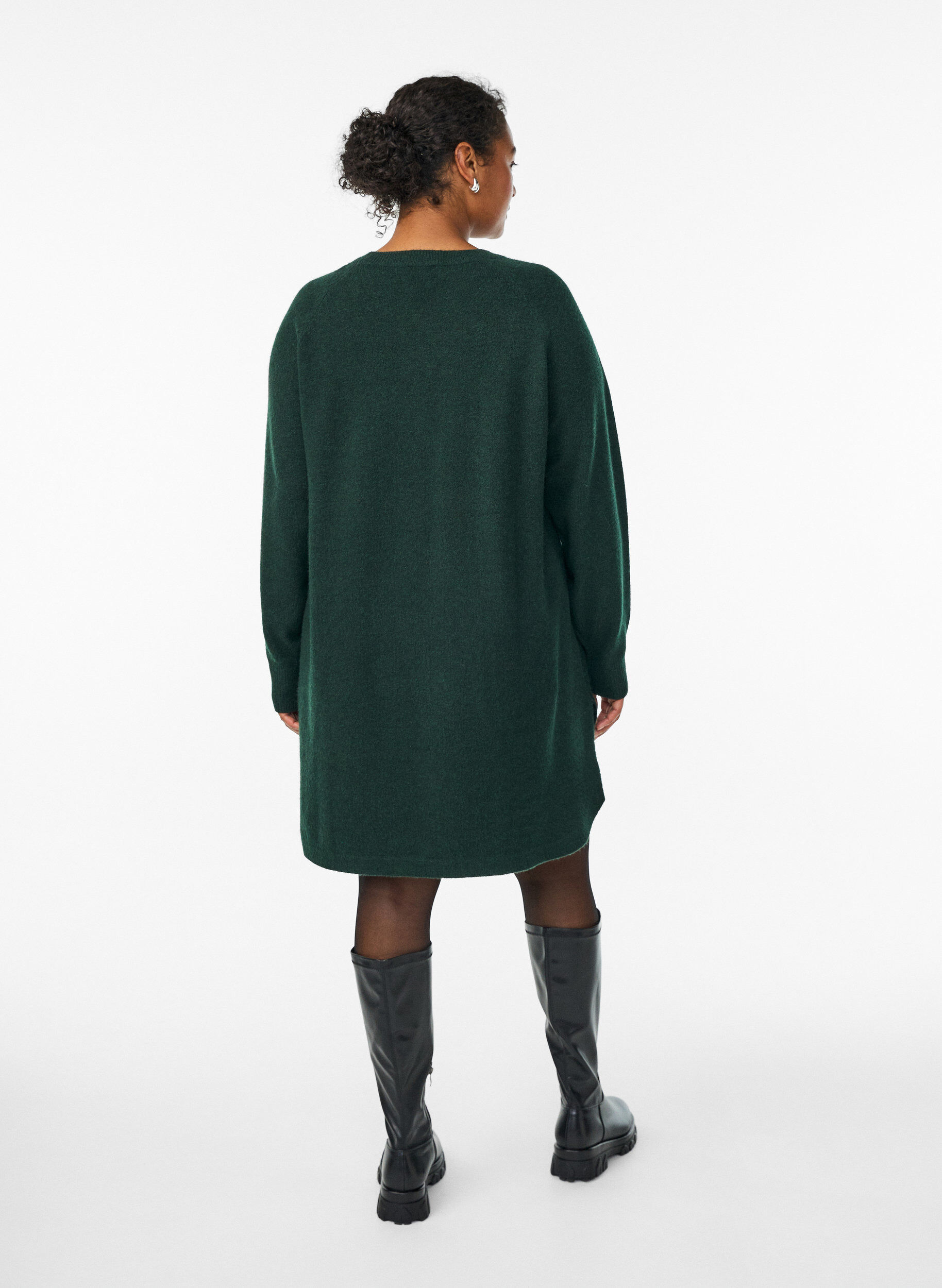 Zizzi Robe courte en maille &agrave; col rond, Vert fonc&eacute;, Model image number 2