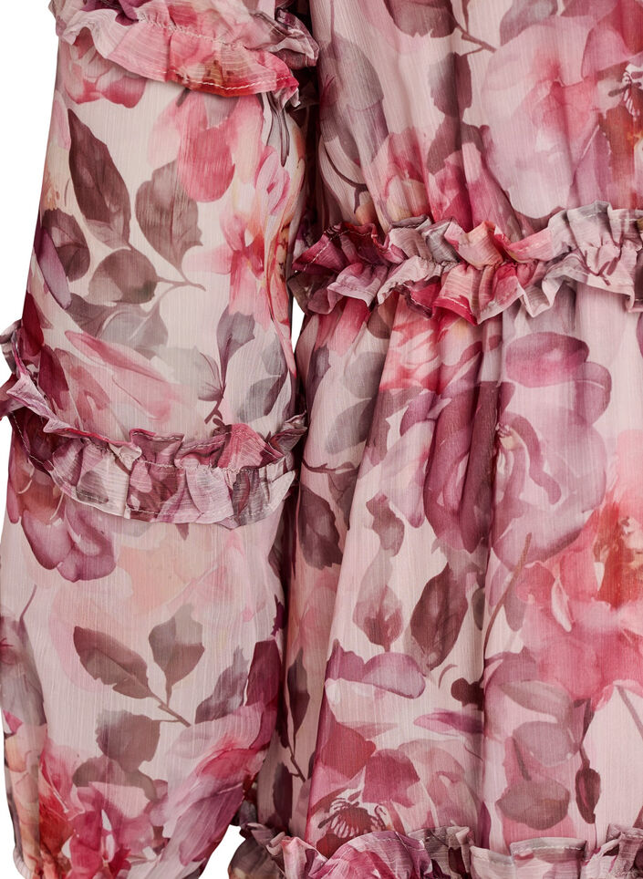 Robe midi &agrave; fleurs avec volants et manches transparentes, Rose, Packshot image number 3