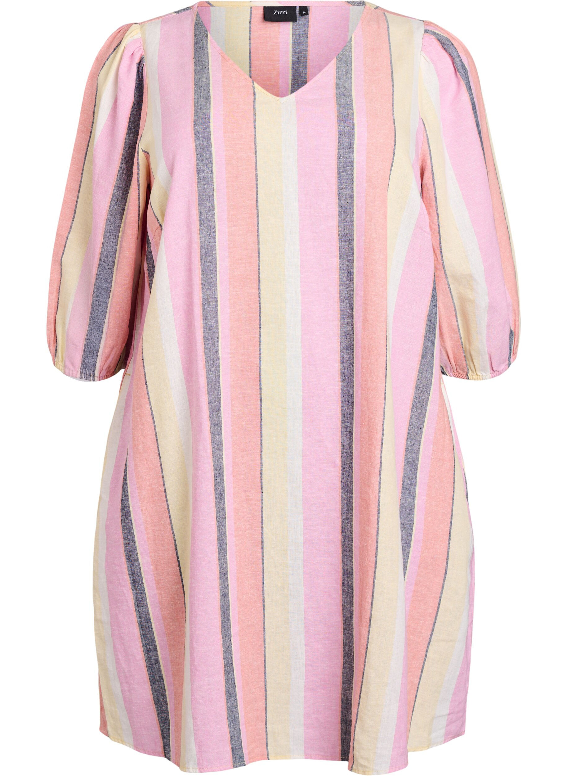 Zizzi Robes courtes en lin et viscose &agrave; manches 3/4, Jaune, Packshot image number 0