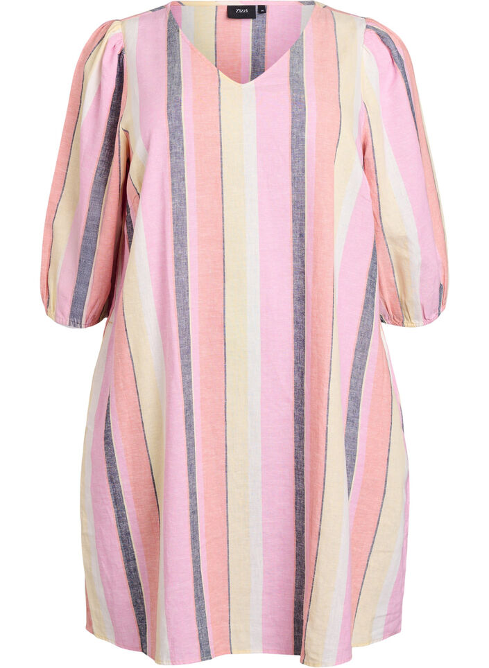 Robes courtes en lin et viscose &agrave; manches 3/4, Jaune, Packshot image number 0