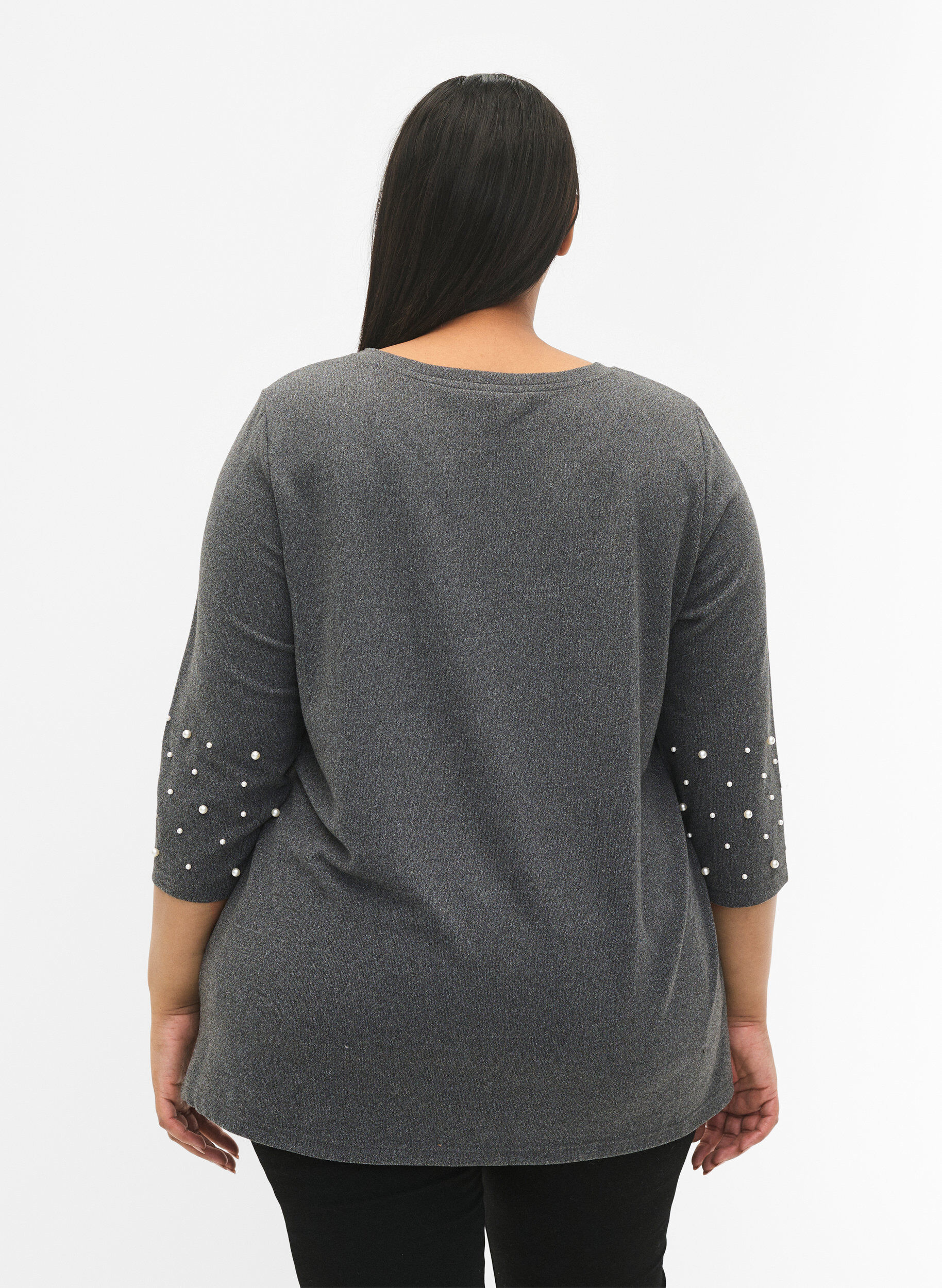 Zizzi Blouse avec perles et manches 3/4, Dark Grey Melange, Model image number 1