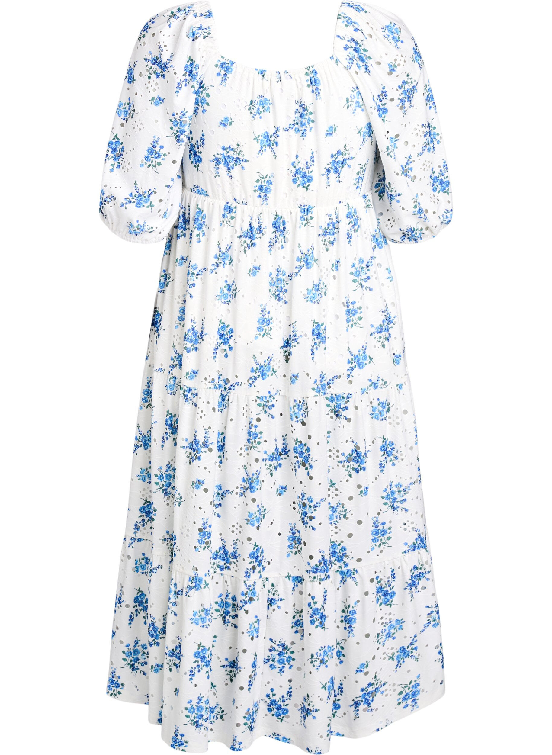 Zizzi Robe longueur cheville &agrave; imprim&eacute; floral et broderie &agrave; &oelig;illets, Blanc, Packshot image number 1
