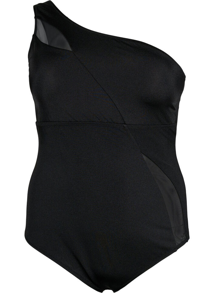 Maillot de bain à une épaule avec détails en mesh, Black, Packshot image number 0
