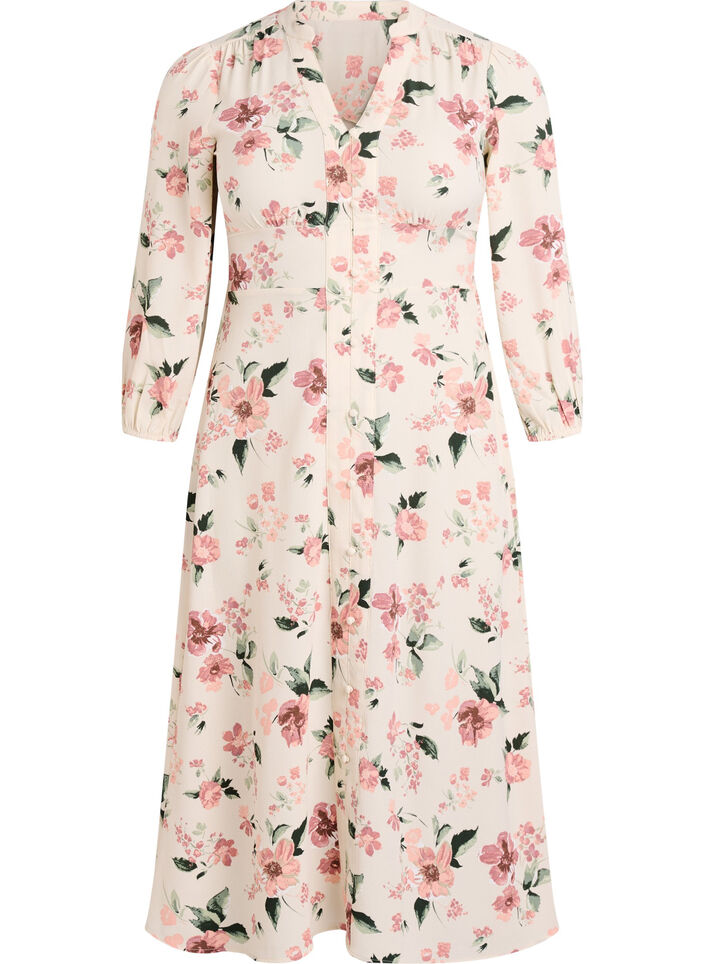 Robe midi avec smocks et boutons d&eacute;coratifs, Beige, Packshot image number 0