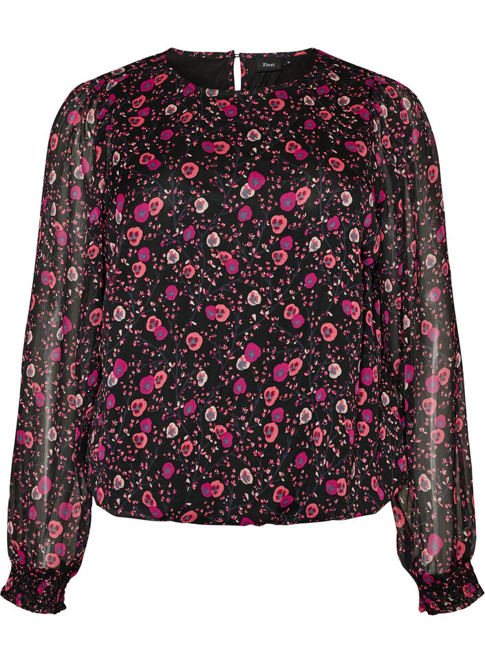 Blouse fleurie en mousseline &agrave; manches transparentes, Noir, Packshot image number 0