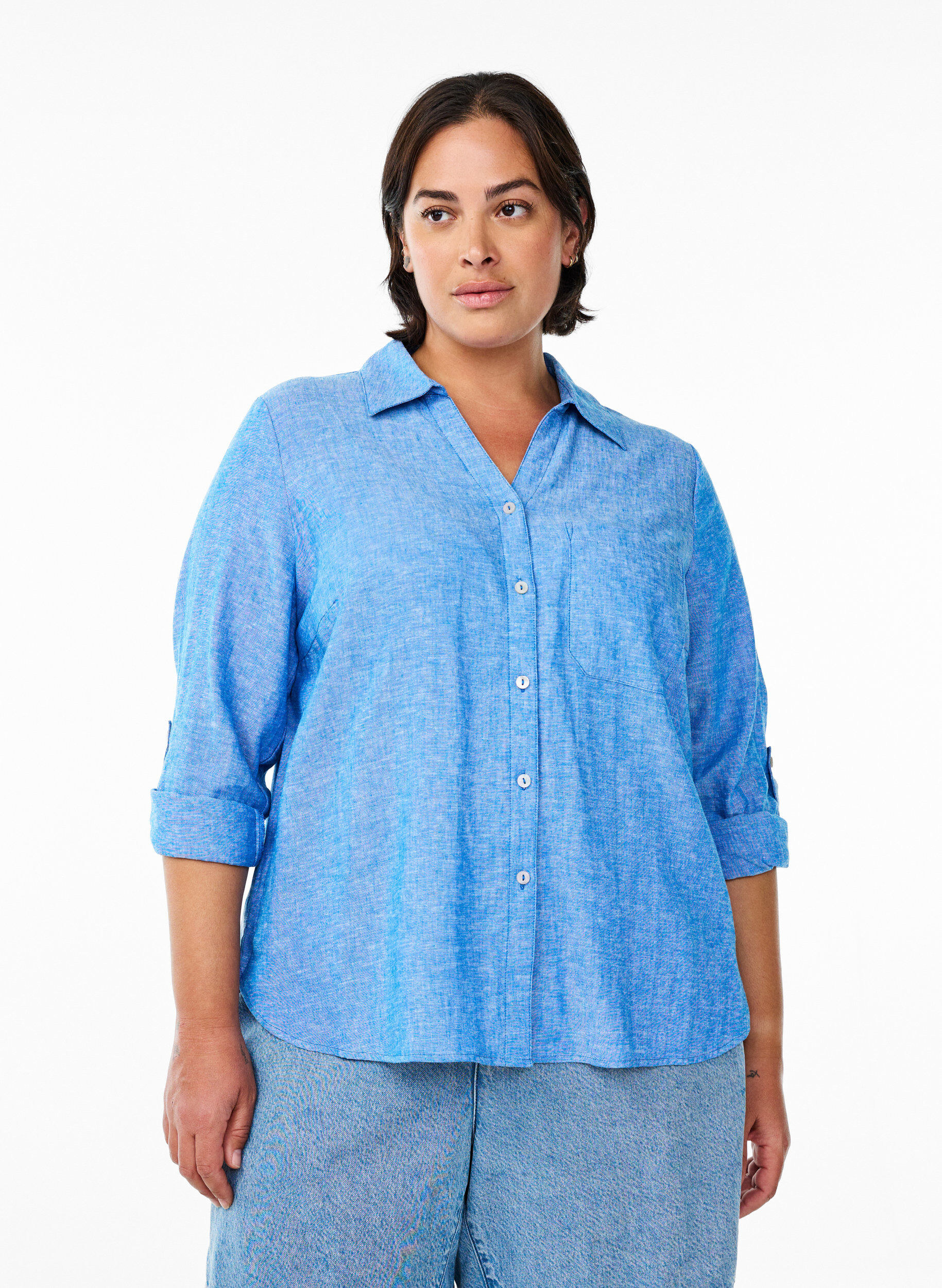 ZizziChemise en lin et viscose avec manches 3/4, Bleu, Model image number 0
