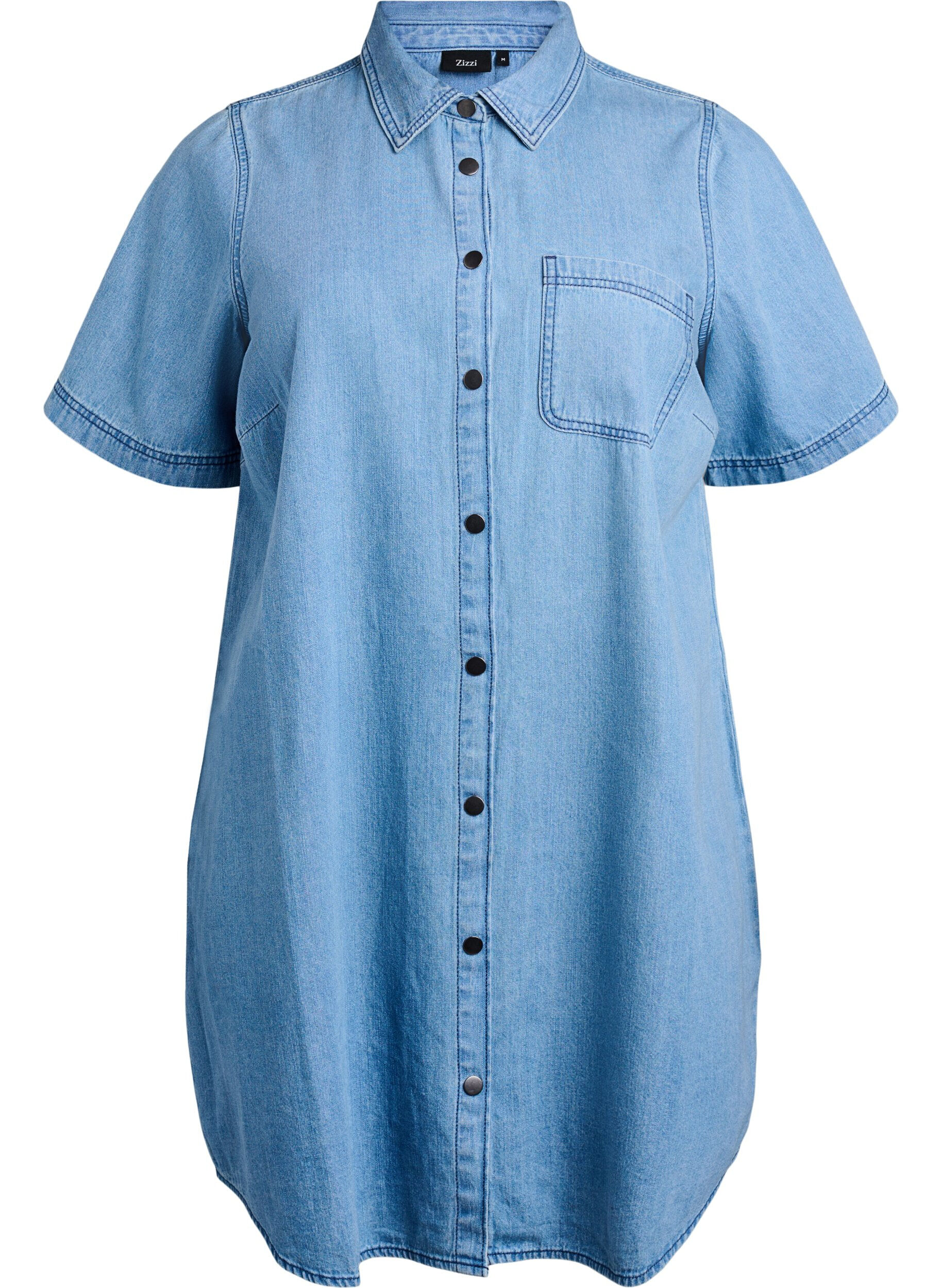 Robe chemise en denim &agrave; manches courtes