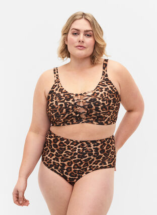 Bas de bikini taille haute imprimé léopard, Leopard Print, Model image number 0