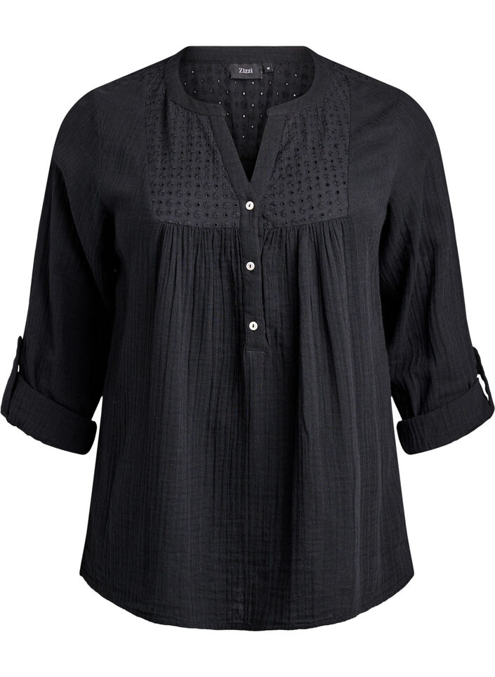 Blouse en mousseline de coton avec broderie anglaise, Noir, Packshot image number 0