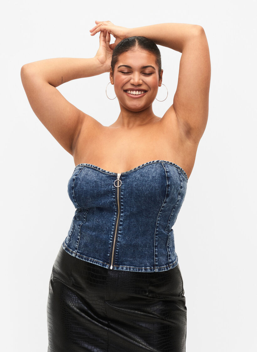 Top corset en denim avec fermeture éclair, Blue denim, Model image number 2