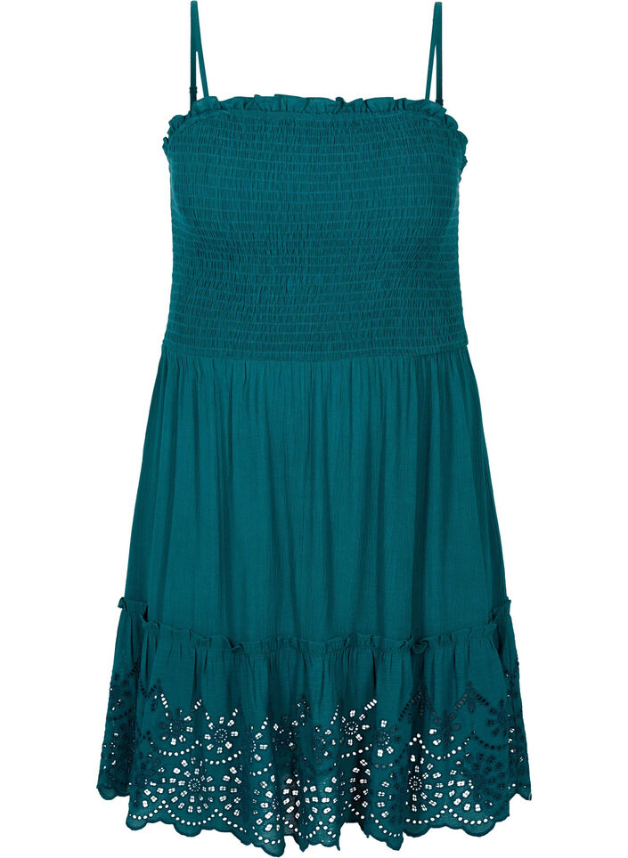 Robe de plage à smocks en viscose avec broderie anglaise, Deep Teal, Packshot image number 0