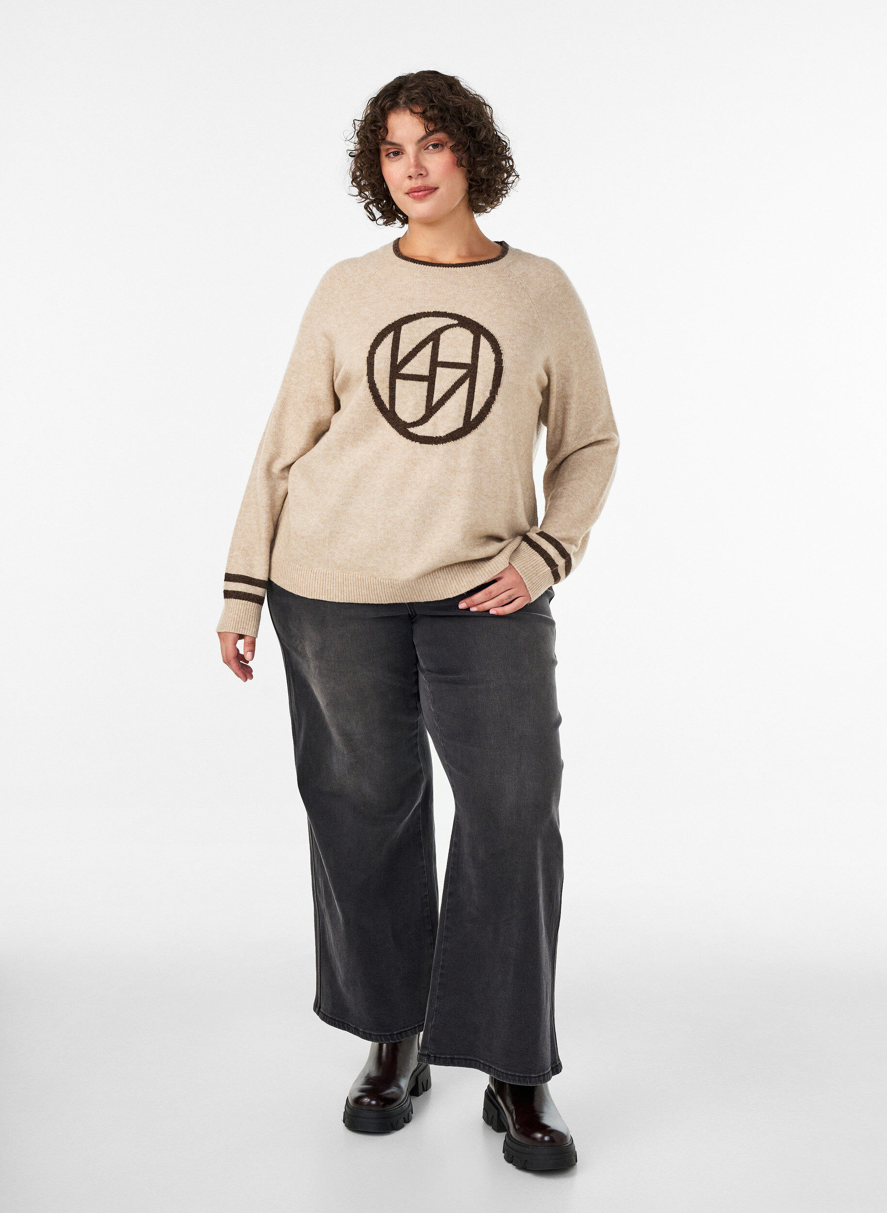 ZizziPull avec logo et rayures contrastantes, Beige, Model image number 1