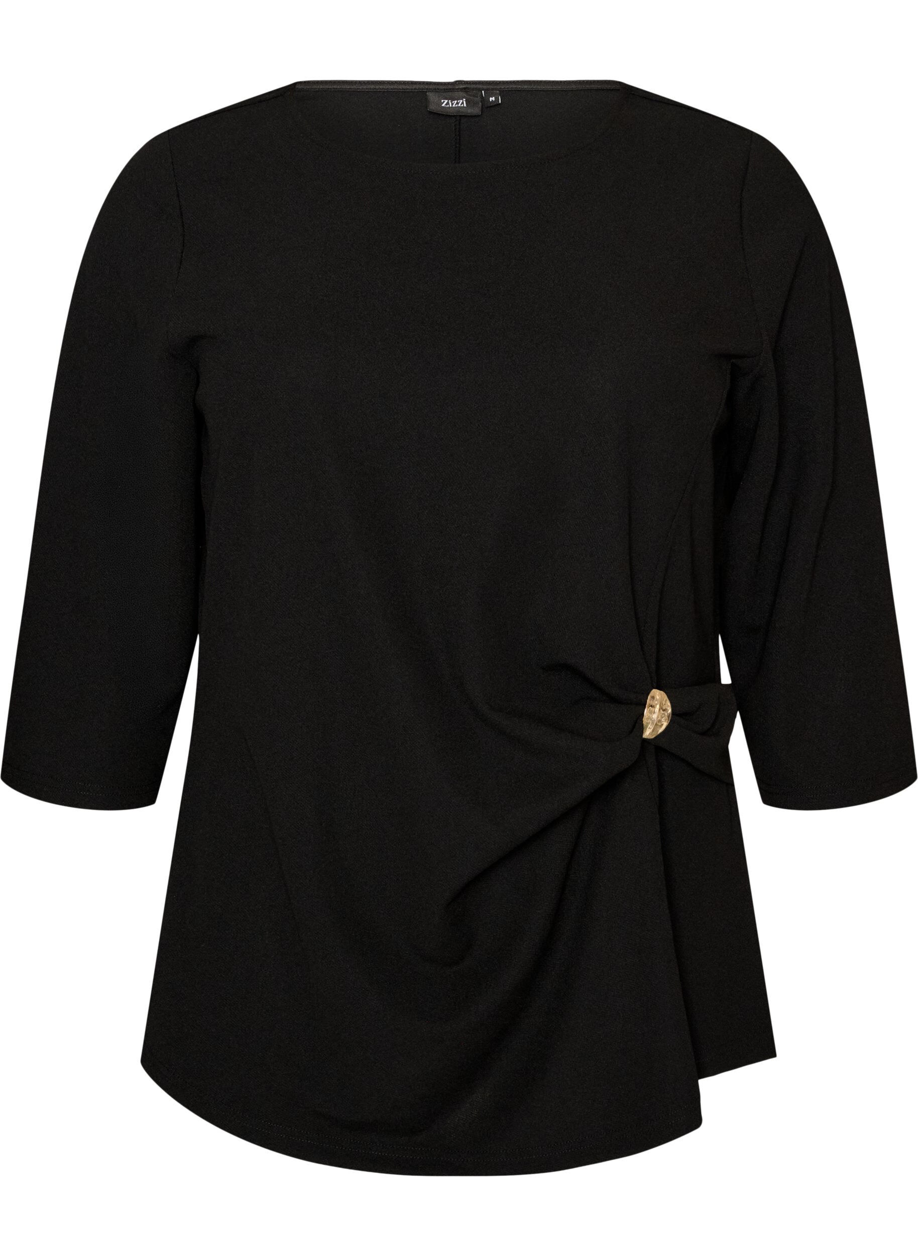 ZizziBlouse avec drap&eacute; asym&eacute;trique et manches 3/4, Noir, Packshot image number 0