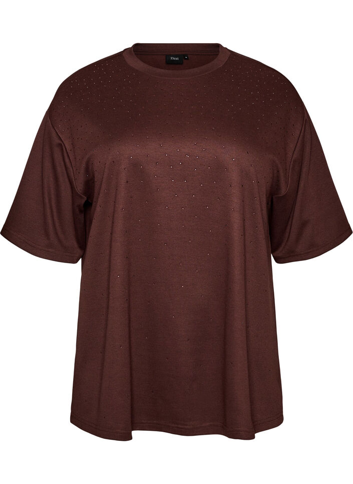 T-shirt avec strass et col rond, Marron, Packshot image number 0