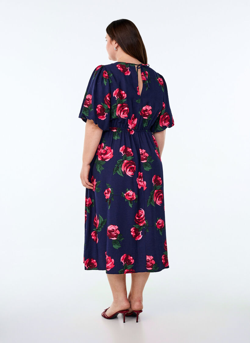 Robe midi &agrave; imprim&eacute; roses et manches courtes bouffantes, Bleu, Model image number 2