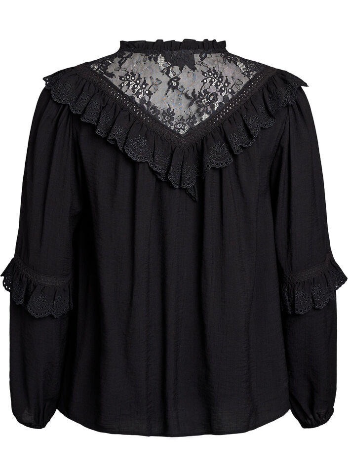 Blouse en viscose avec dentelle et volants, Noir, Packshot image number 1
