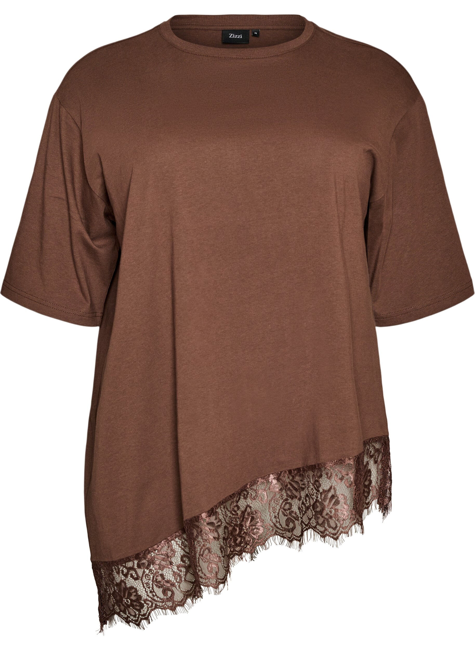 ZizziT-shirt avec ourlet asym&eacute;trique en dentelle, Marron, Packshot image number 0