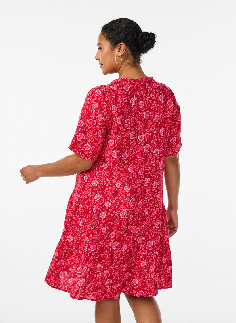 Robe courte &eacute;vas&eacute;e en mousseline de coton, Rouge, Model image number 2