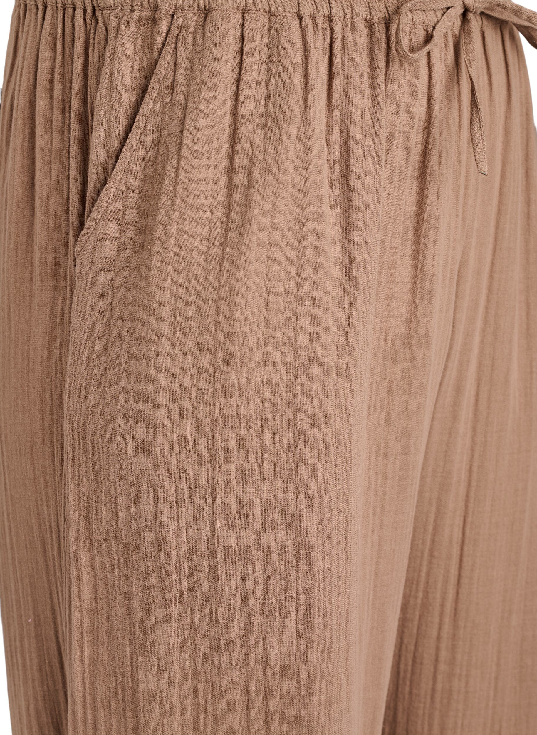 ZizziPantalon taille haute en mousseline de coton &agrave; coupe ample, Marron, Packshot image number 2