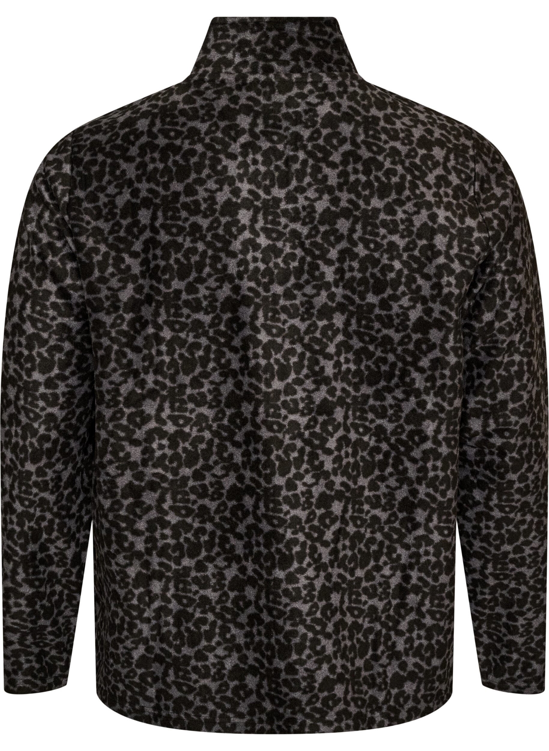 ZizziVeste en polaire &agrave; imprim&eacute; l&eacute;opard et col montant, Noir, Packshot image number 1