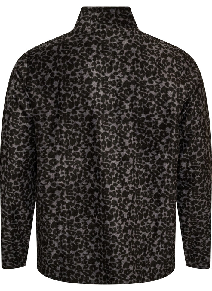 Veste en polaire &agrave; imprim&eacute; l&eacute;opard et col montant, Noir, Packshot image number 1