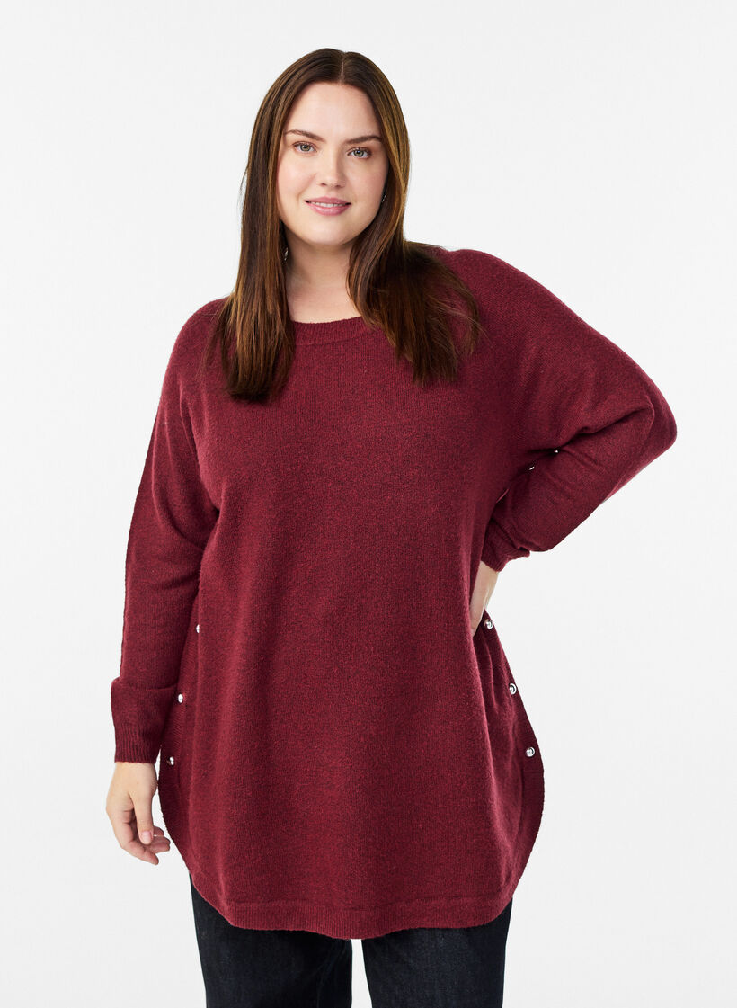 Blouse longue en maille avec boutons boule, Bordeaux fonc&eacute;, Model image number 0