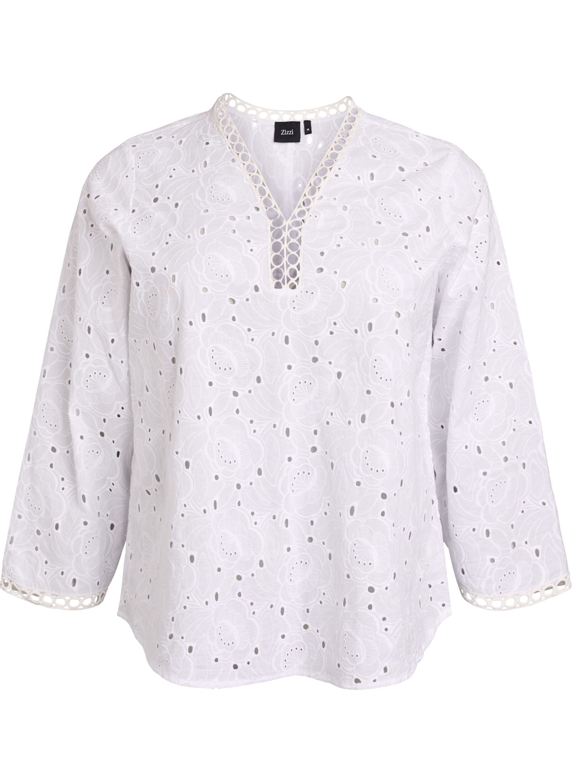 Zizzi Blouse en coton &agrave; manches longues avec broderie anglaise, Blanc, Packshot image number 0