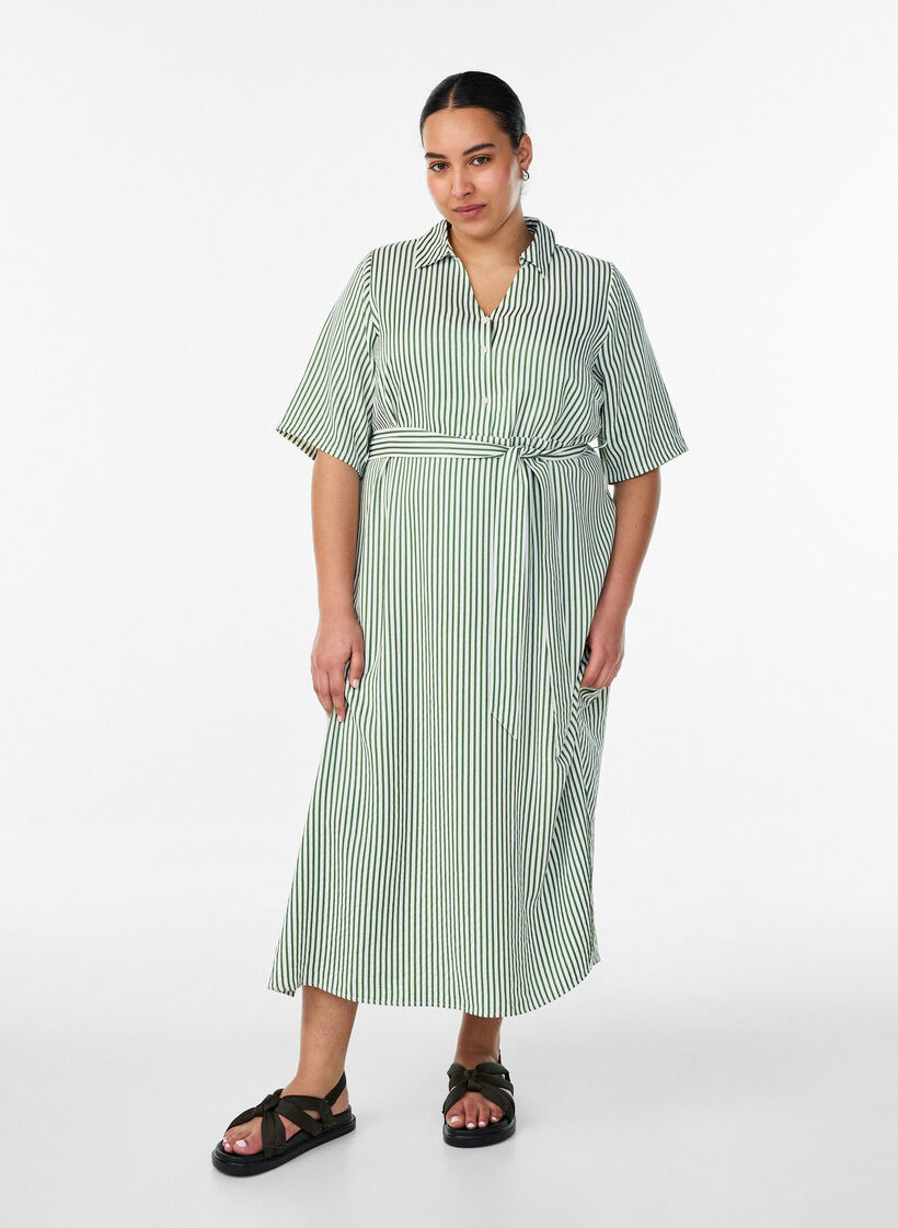 Robe-chemise longue jusqu&rsquo;aux chevilles avec ceinture &agrave; nouer et rayures, Vert clair, Model image number 0
