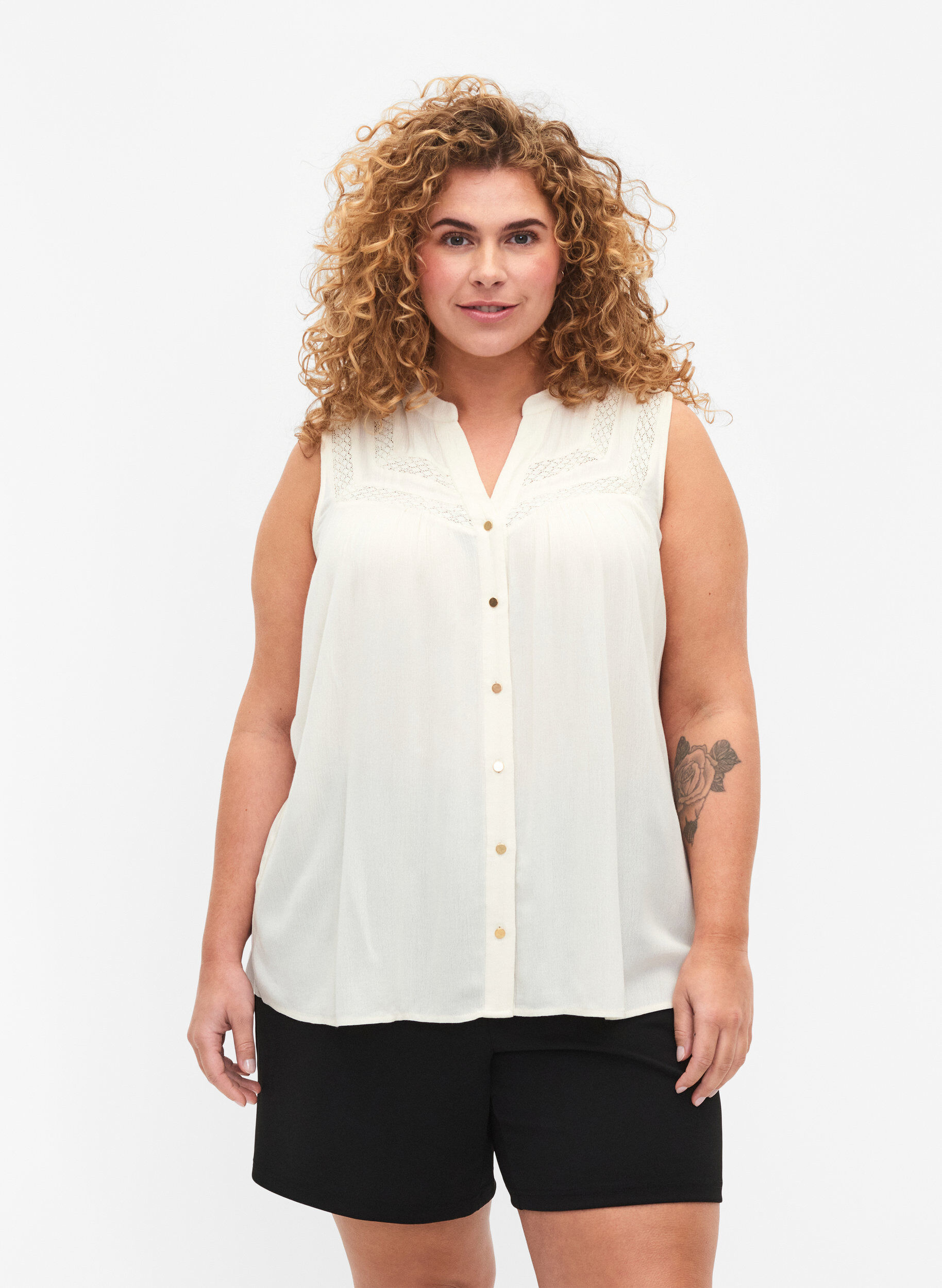 Zizzi Blouse sans manches en viscose avec d&eacute;tail en crochet, Bone White, Model image number 0
