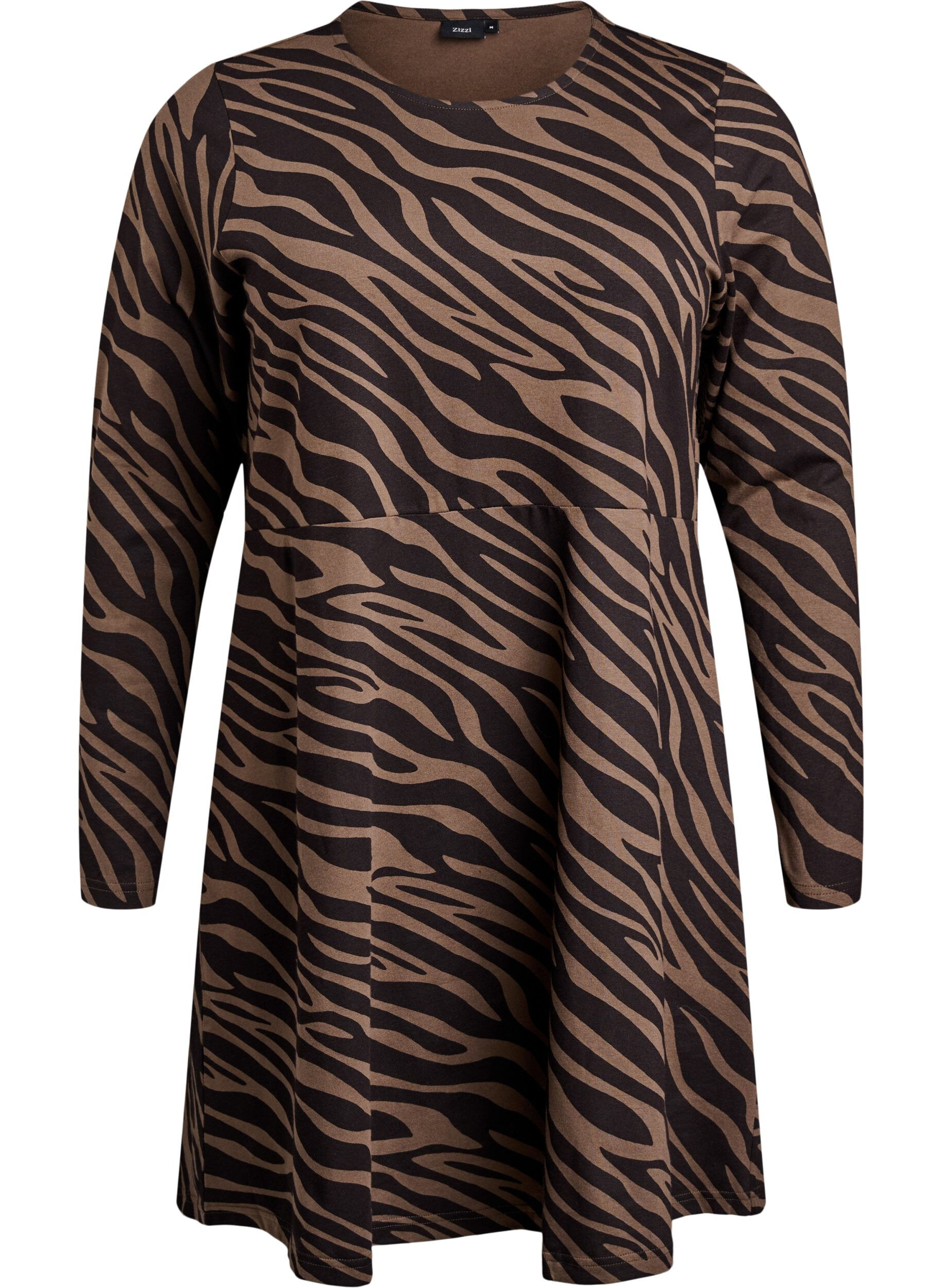 Zizzi Robe &agrave; manches longues avec col rond et imprim&eacute; z&egrave;bre, Walnut Zebra, Packshot image number 0