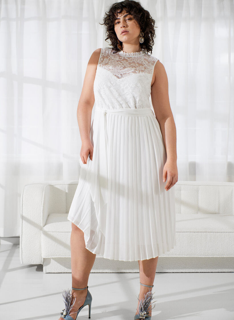 Robe sans manches avec dentelle et plis, Bright White, Image image number 0