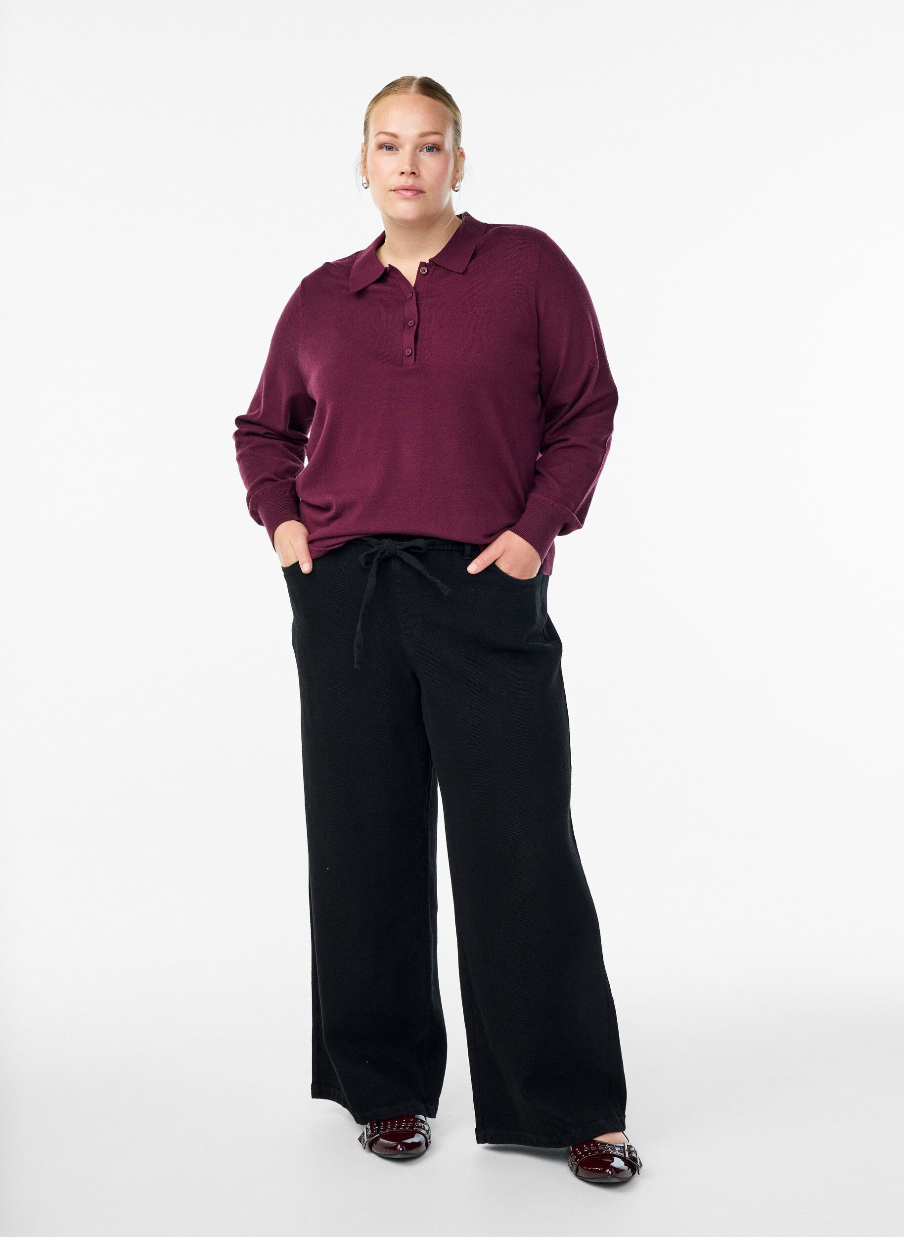 Zizzi Chemisier en maille avec col, Bordeaux fonc&eacute;, Model image number 1