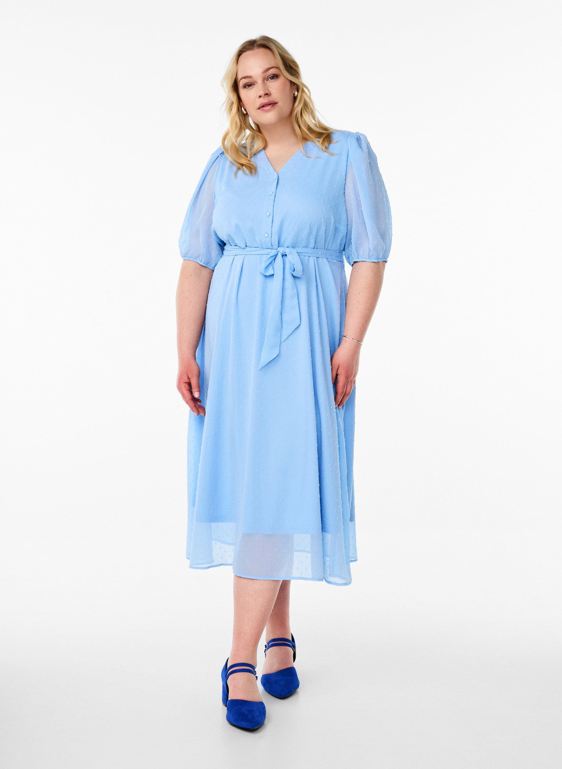 Robe midi &agrave; encolure en V avec attaches &agrave; nouer, Bleu Clair, Model